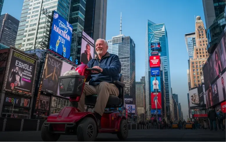 Smiling senior man riding a red mobility scooter in Times Square, New York City – example of convenient scooter rentals available from Cloud of Goods in Las Vegas and other major cities